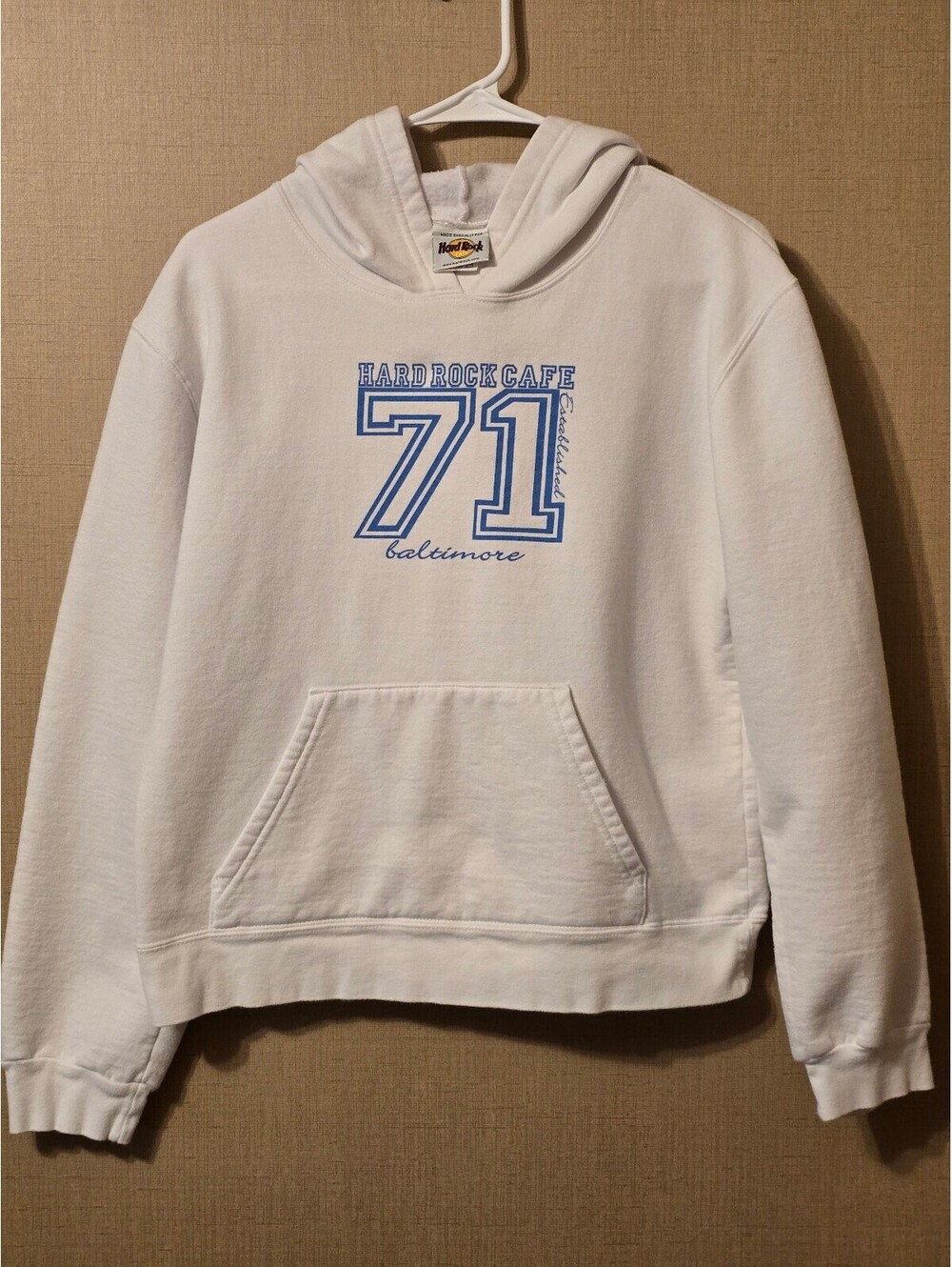 Vintage Hard Rock Cafe Baltimore 71 White Hoodie Women's Size L 90s Y2K Style